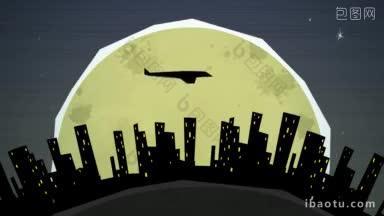动态图形动画使用剪纸风格的元素来说明一个夜晚的城市景观在月亮高清晰度p和